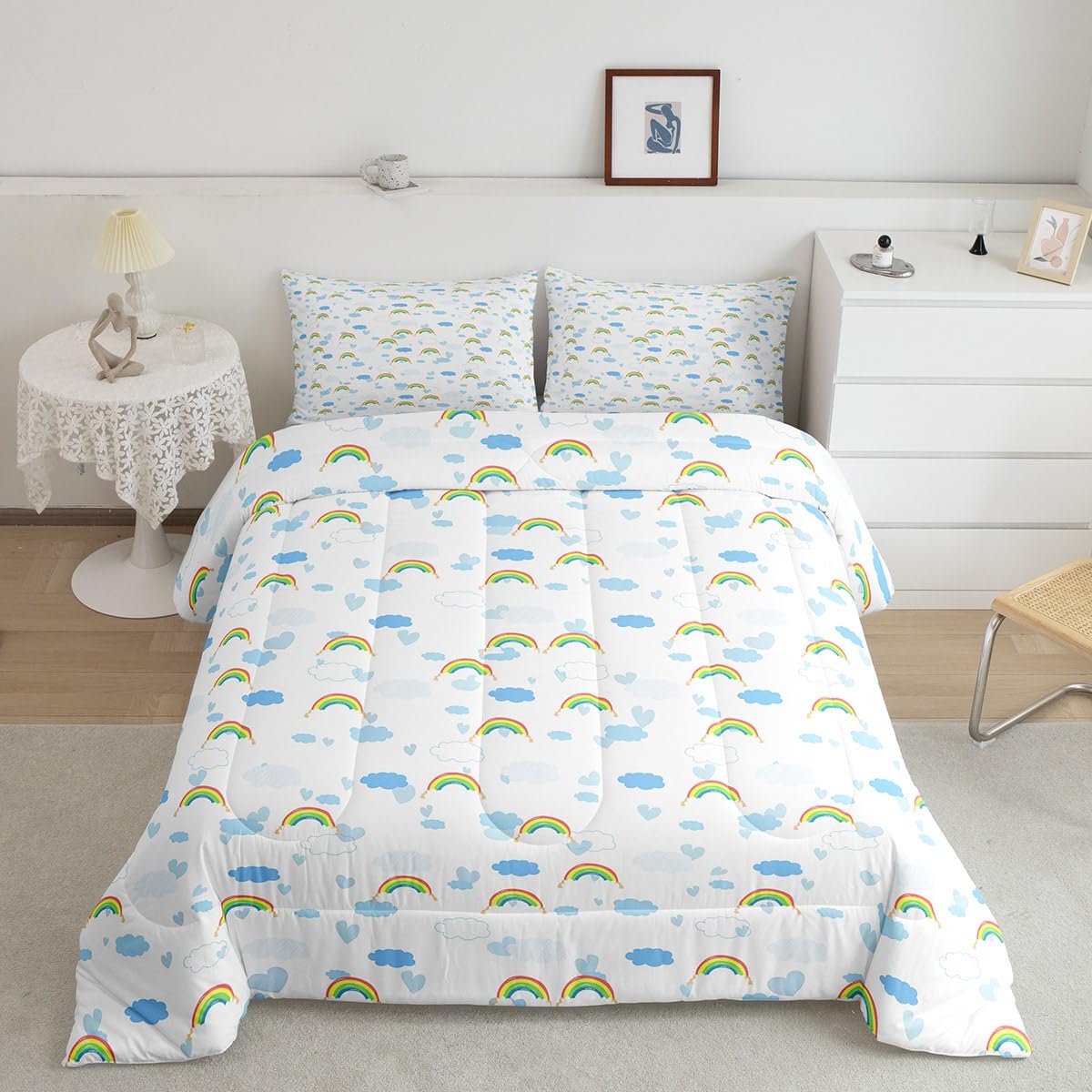 Feelyou Kids Rainbow Comforter Set Cloud Print Bedding Set Full Size For Boys Girls Teens Bedroom Decor Hear Love Comforter Whit